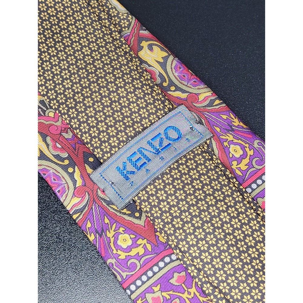 Kenzo Paris Necktie Gold Purple Red Geometric Floral 100% Silk Made in Italy